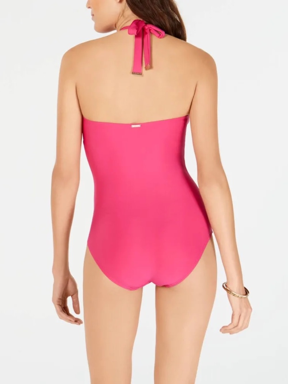 DKNY Hot Pink Plunging Tie Front Halter One Piece Swimsuit Bathing Suit NWT 8 - Picture 3 of 9